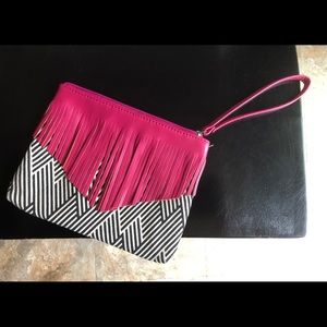 Pink leather fringe  and canvas bag, lined